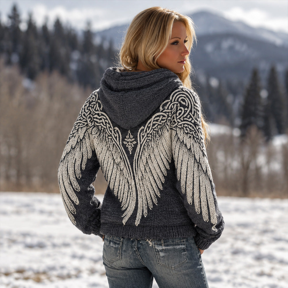 Women's Vintage Viking Wings And Celtic Knot Art Jacquard Hooded Sweater