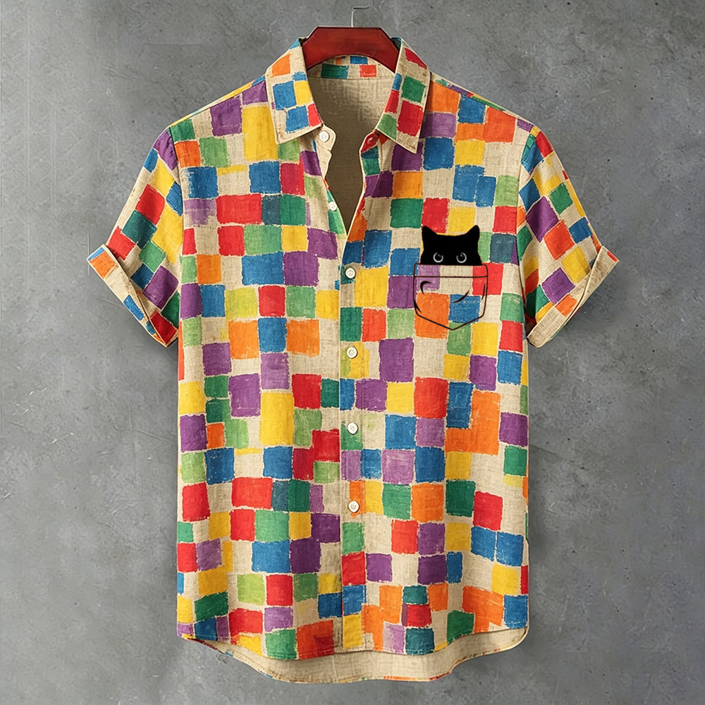 Men's Vintage Black Cat And Color Block Art Casual Short-sleeve Shirt