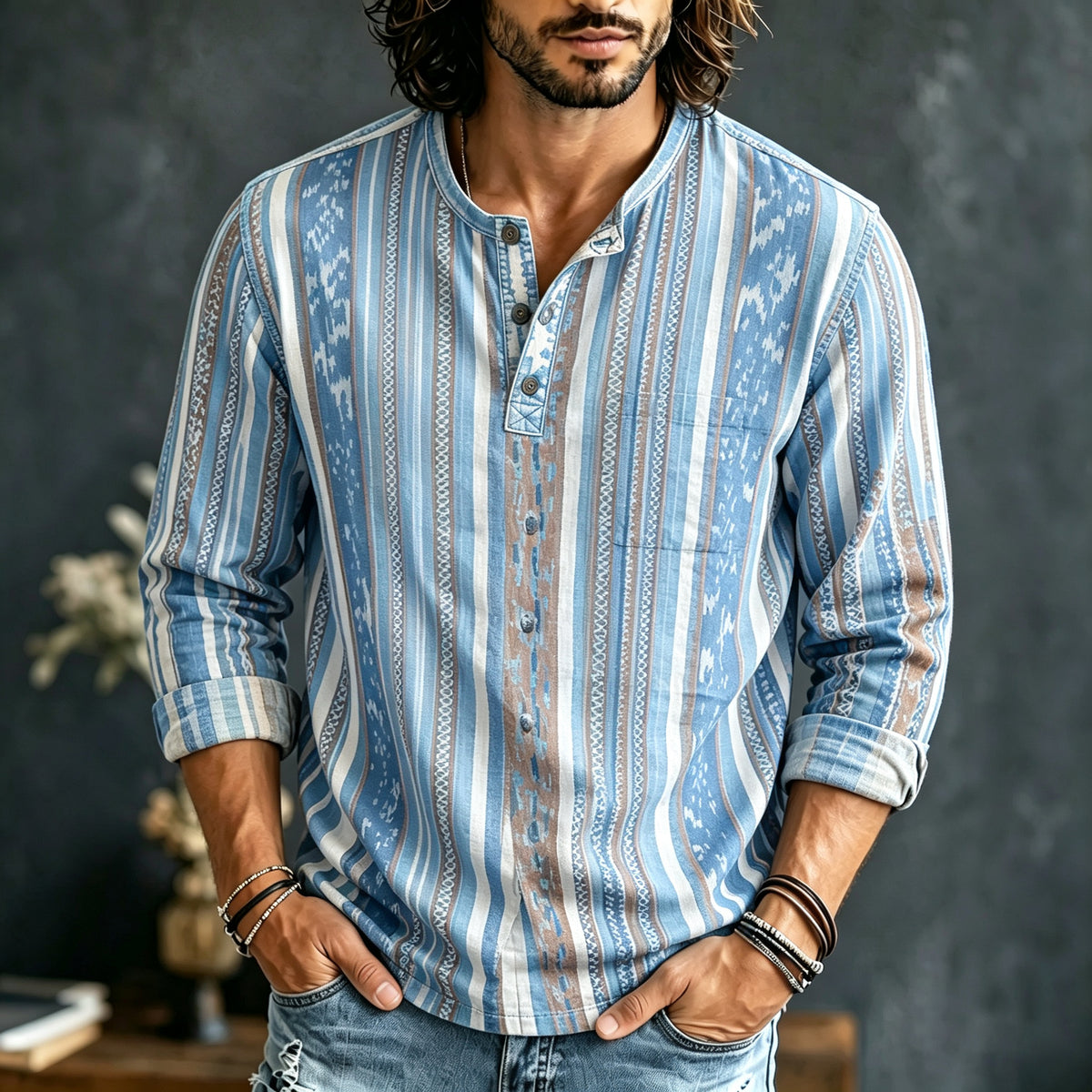 Men's Ethnic Retro Striped Print Long-sleeved Cotton Linen Top