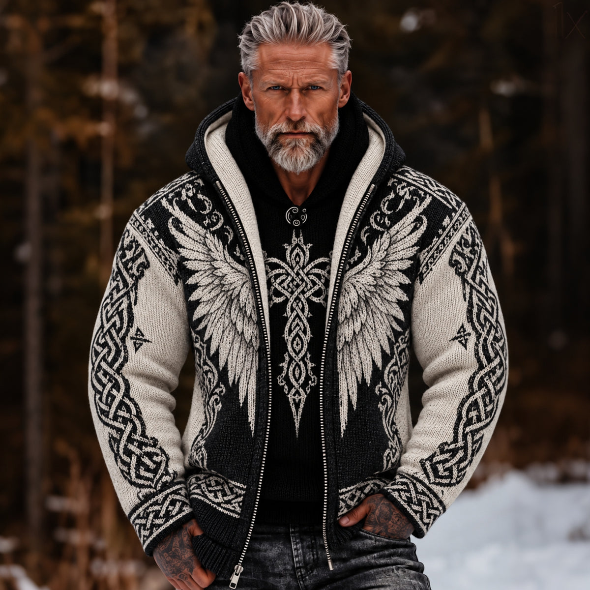 Men's Vintage Viking Wing Celtic Knot Cozy Warm Knitted Jacquard Zipper Hooded Sweater