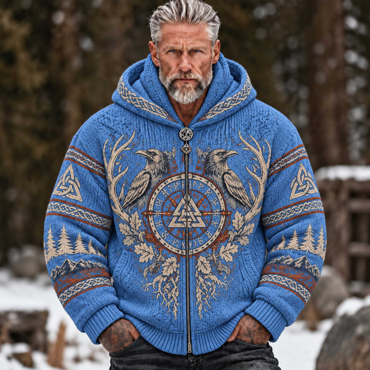 Men's Vintage Viking Norse Compass Raven Celtic Oak Leaf Mountain Graphic Winter Sweater