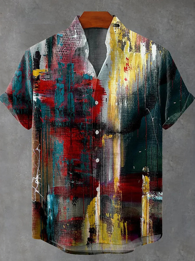 Men's Vintage Distressed Colorful Mottled Art Print Casual Shirt