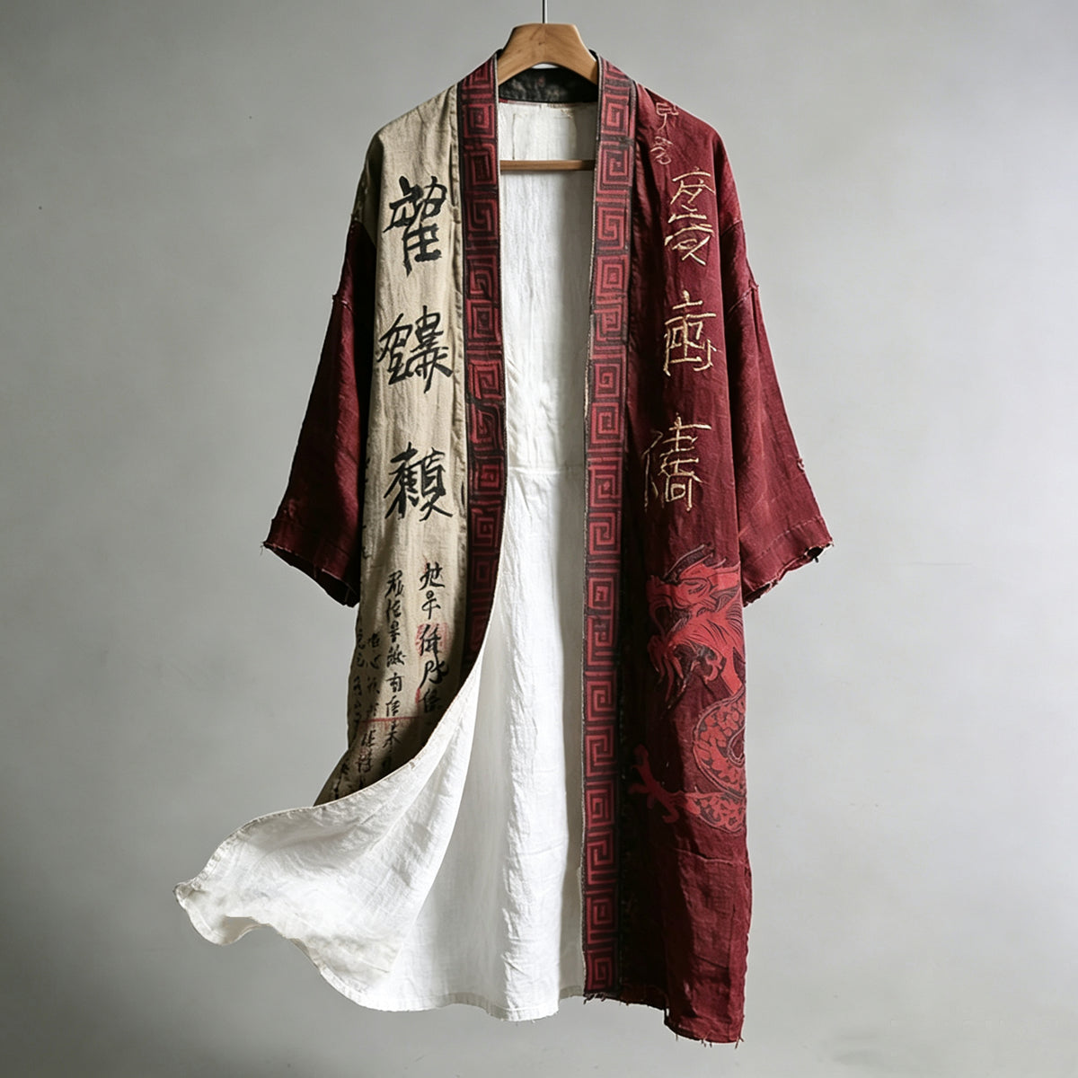 Men's Japanese Dragon Pattern Calligraphy And Painting Art Linen Long Kimono