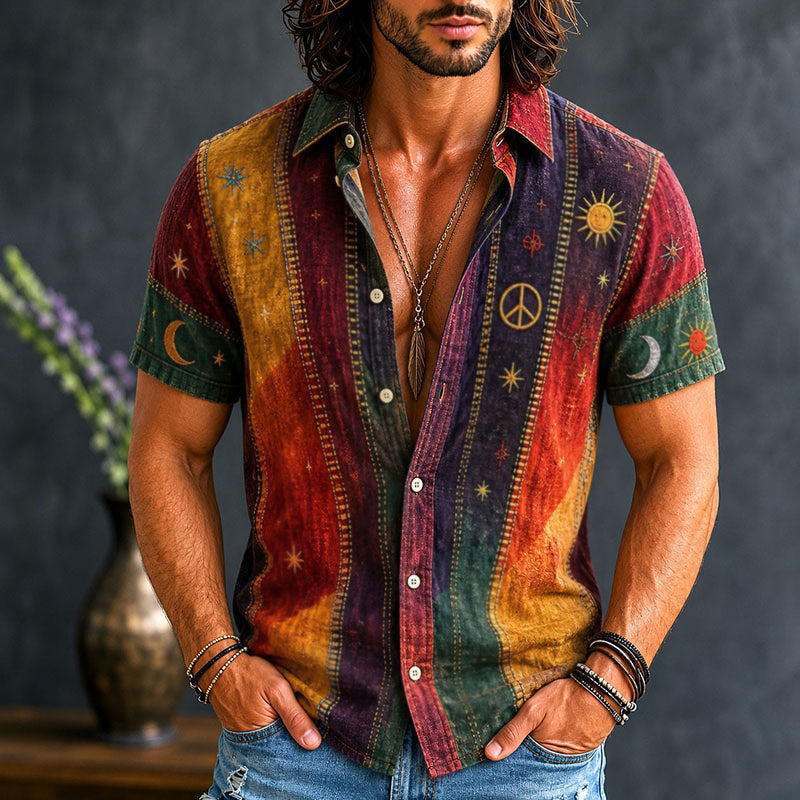 Men's Vintage Patchwork Peace Sign Sun Moon Star Art Print Cotton Linen Shirt