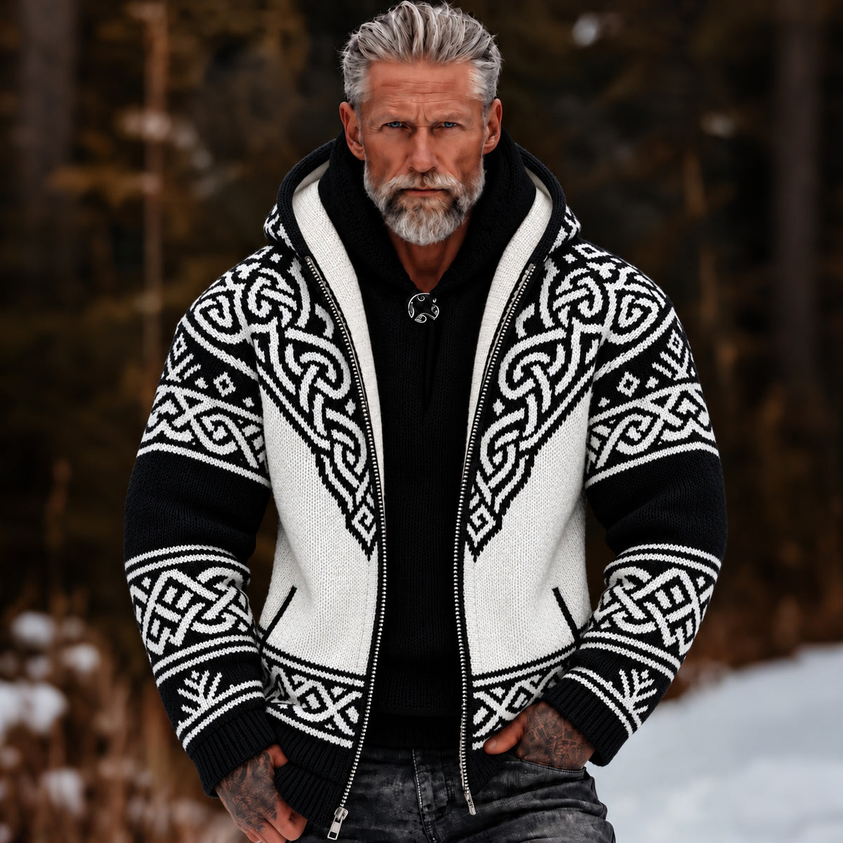 Men's Vintage Celtic Knot Art Print Cozy Warm Zipper Hooded Sweater