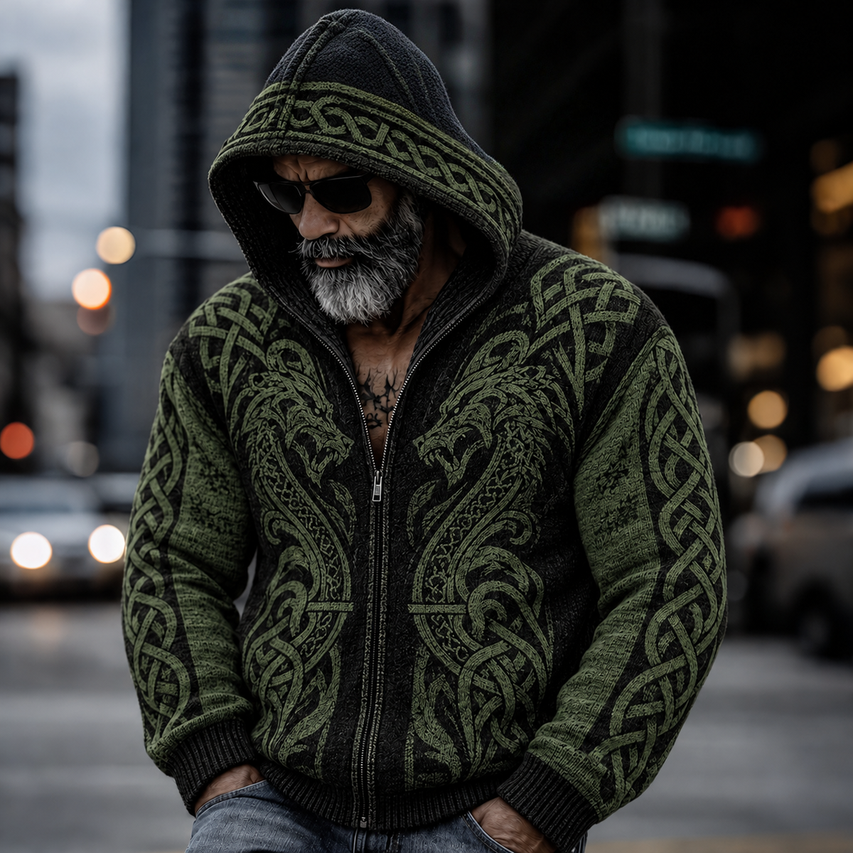 Men's Vintage Viking Dragon Celtic Knot Cozy Warm Knitted Jacquard Zipper Hooded Sweater