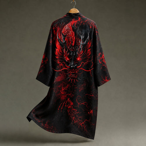 Japanese-style Linen Cardigan With Dragon Print From Mount Fuji