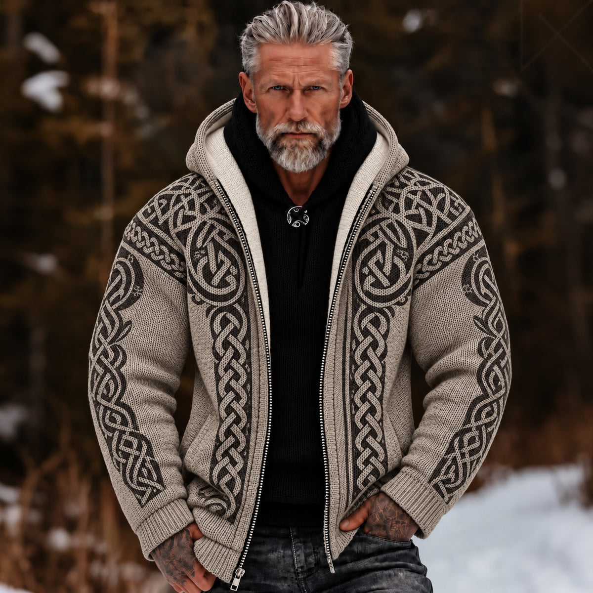 Men's Vintage Viking Celtic Knot Cozy Warm Knitted Jacquard Zipper Hooded Sweater