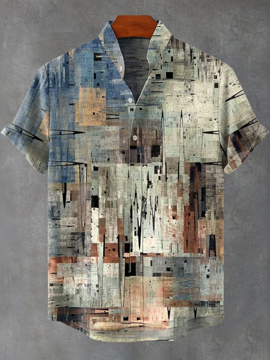 Men's Retro Geometric Gradient Art Painting Linen Blend Shirt