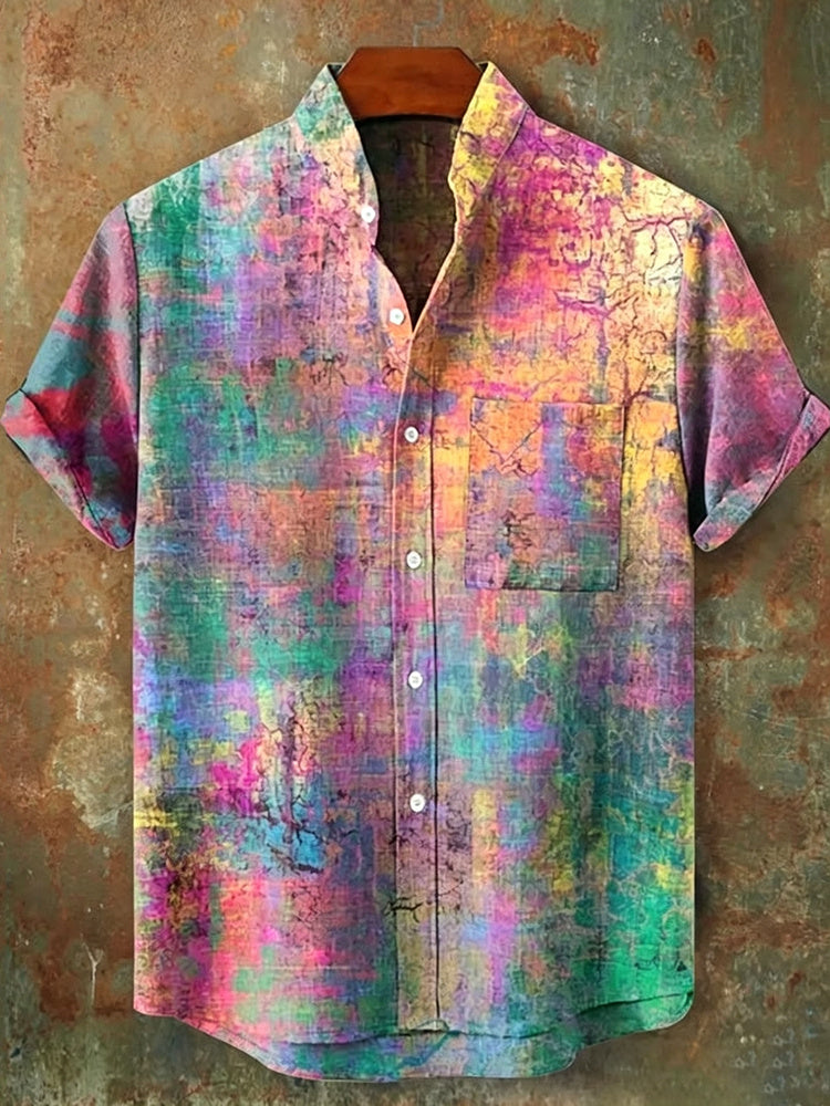 Vintage Rainbow Mottled Art Cat Print Casual Shirt
