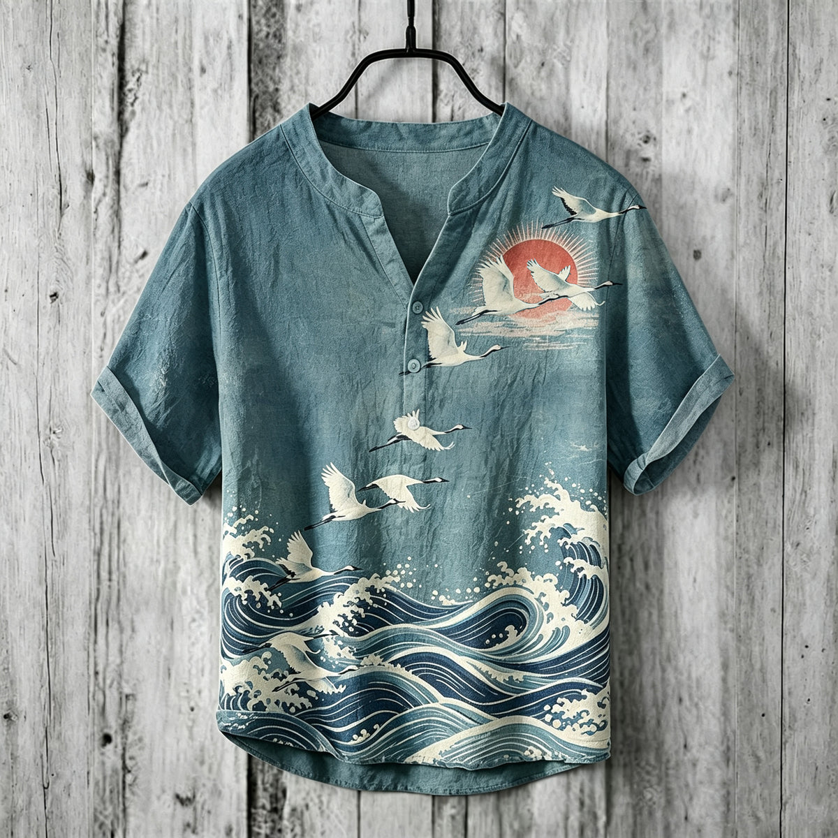 Men's Retro Japanese Art Ukiyo-e Crane And Wave Print Linen Top