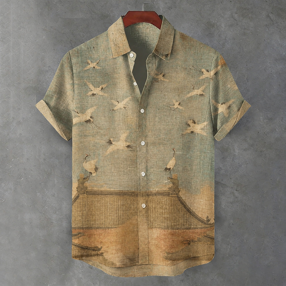 Vintage Flying Crane Scroll Art Print Linen-cotton Blend Short-sleeved Shirt