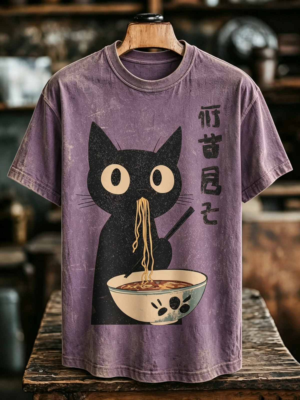 Men's Japanese Black Cat Eating Ramen Print Crew Neck T-shirt