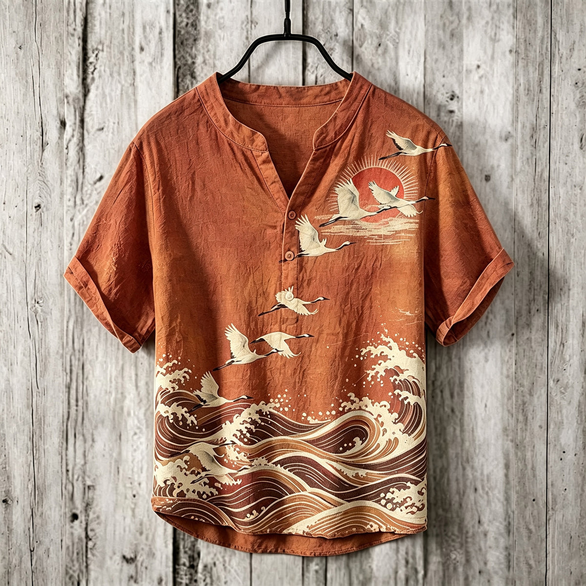 Men's Retro Japanese Art Ukiyo-e Crane And Wave Print Cotton Linen Top