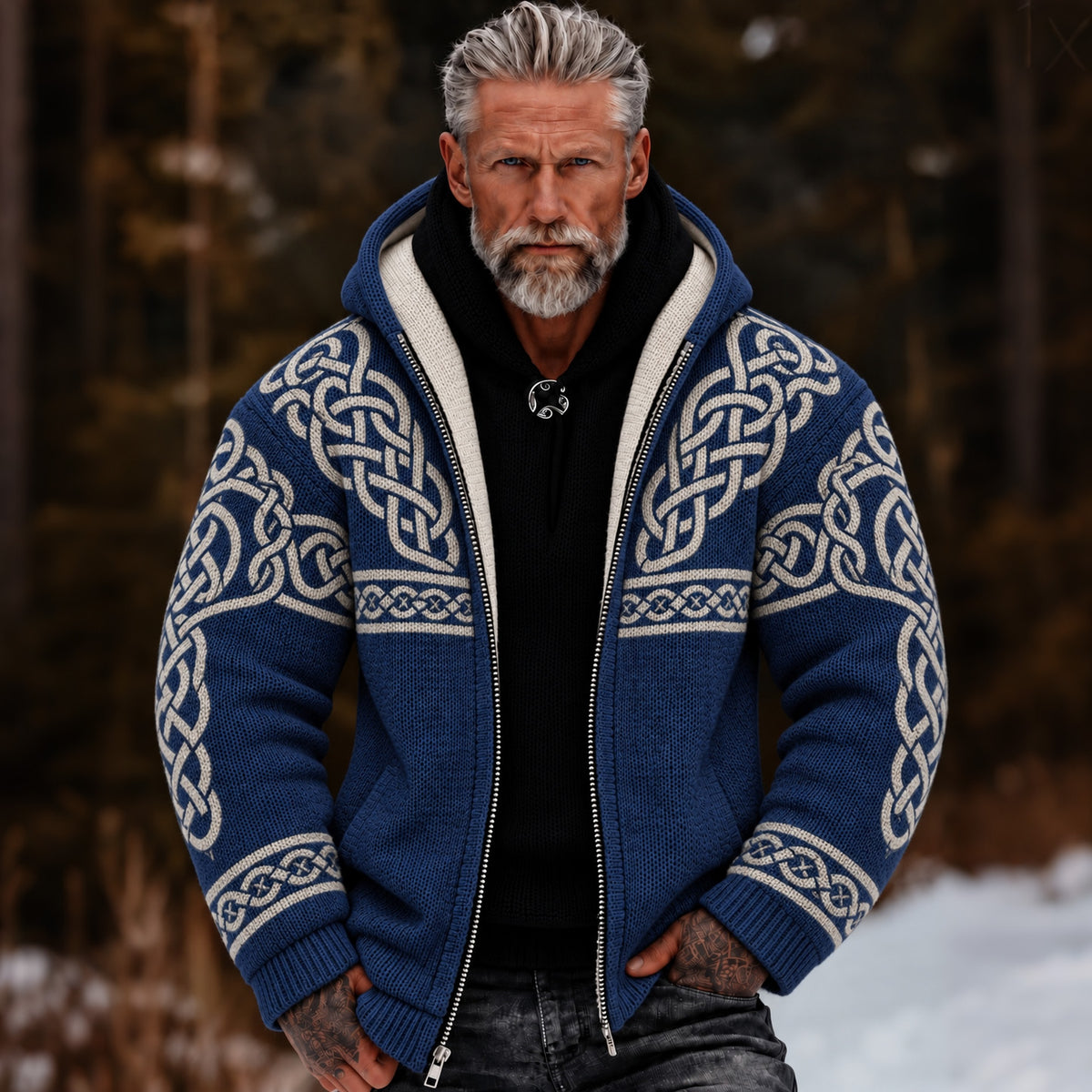 Men's Vintage Viking Celtic Knot Cozy Warm Knitted Jacquard Zipper Hooded Sweater