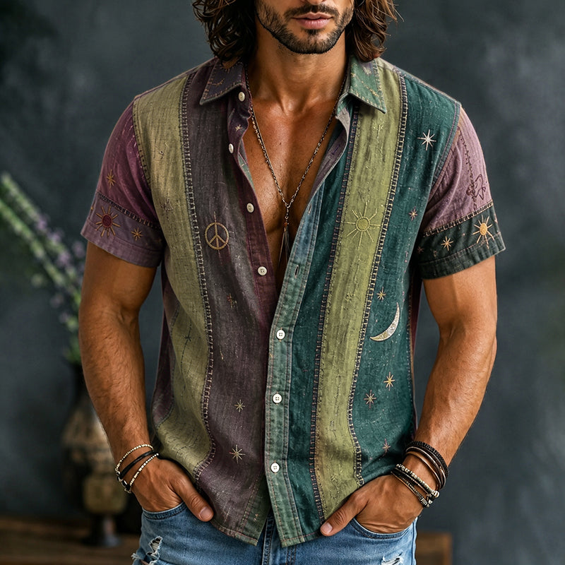 Men's Vintage Patchwork Peace Sign Sun Moon Star Art Print Shirt