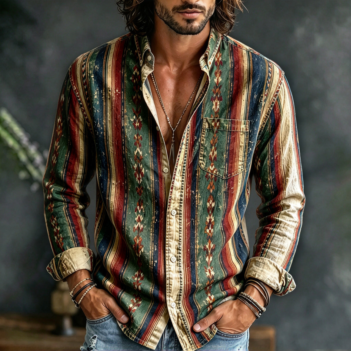 Men's Retro Ethnic Print Striped Print Long-sleeve Shirt