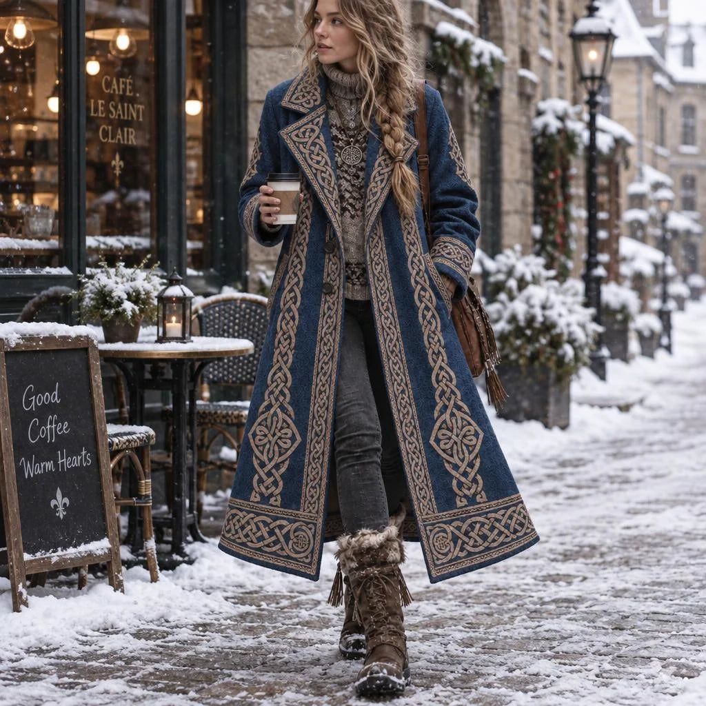 Women's Retro Viking Geometry Celtic Knot Pattern Art Cozy Coat