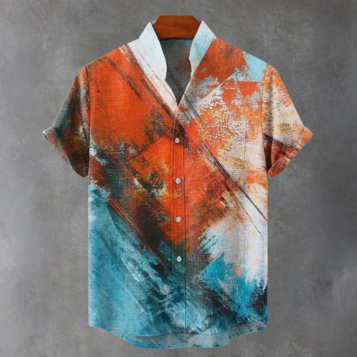 Men's Geometric Color Block Abstract Art Print Linen Blend Short-sleeve Shirt