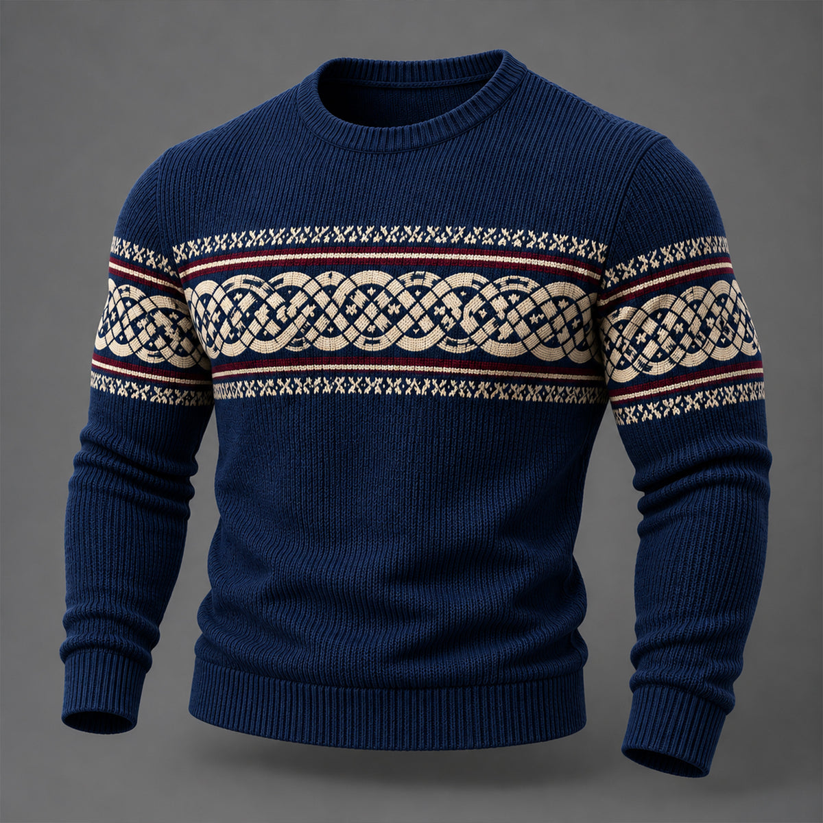 Men's Vintage Norse Navy Celtic Knot Nordic Fair Isle Crewneck Sweater