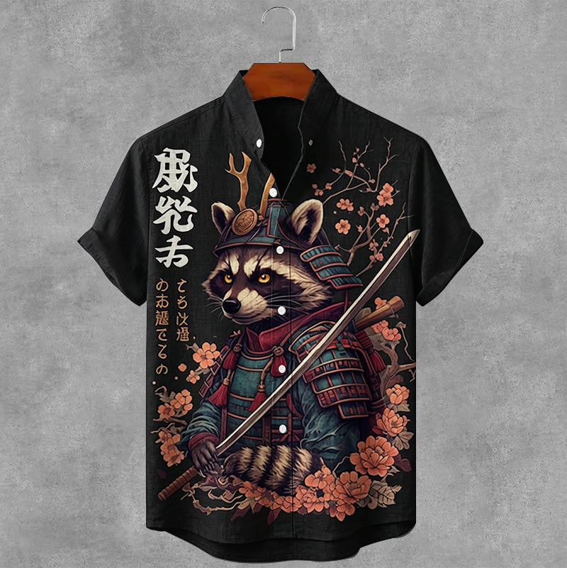 Vintage Japanese Raccoon Art Button Casual Cotton Linen Shirt