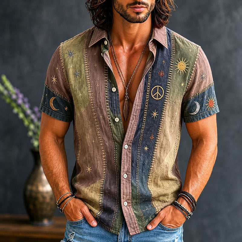 Men's Vintage Patchwork Peace Sign Sun Moon Star Art Print Cotton Linen Shirt