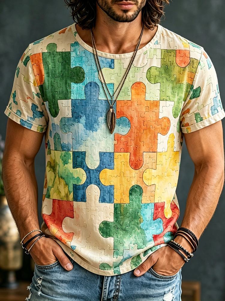 Men's Crewneck Short Sleeve T-shirt - Giant Interlocking Jigsaw Puzzle Pieces And Watercolor Splash Graphic Print Top