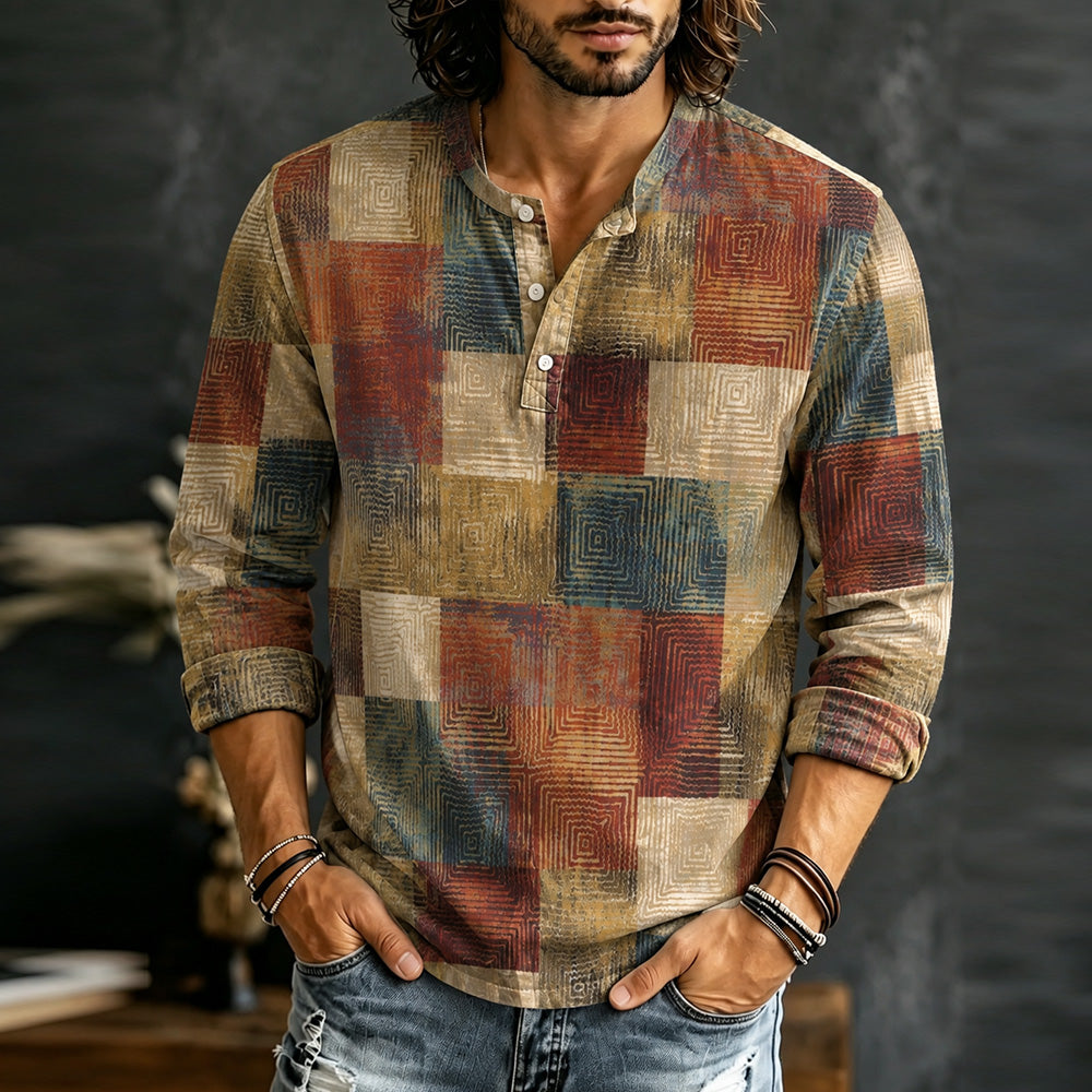 Men's Vintage Geometric Block Art Print Long Sleeve Comfortable Top