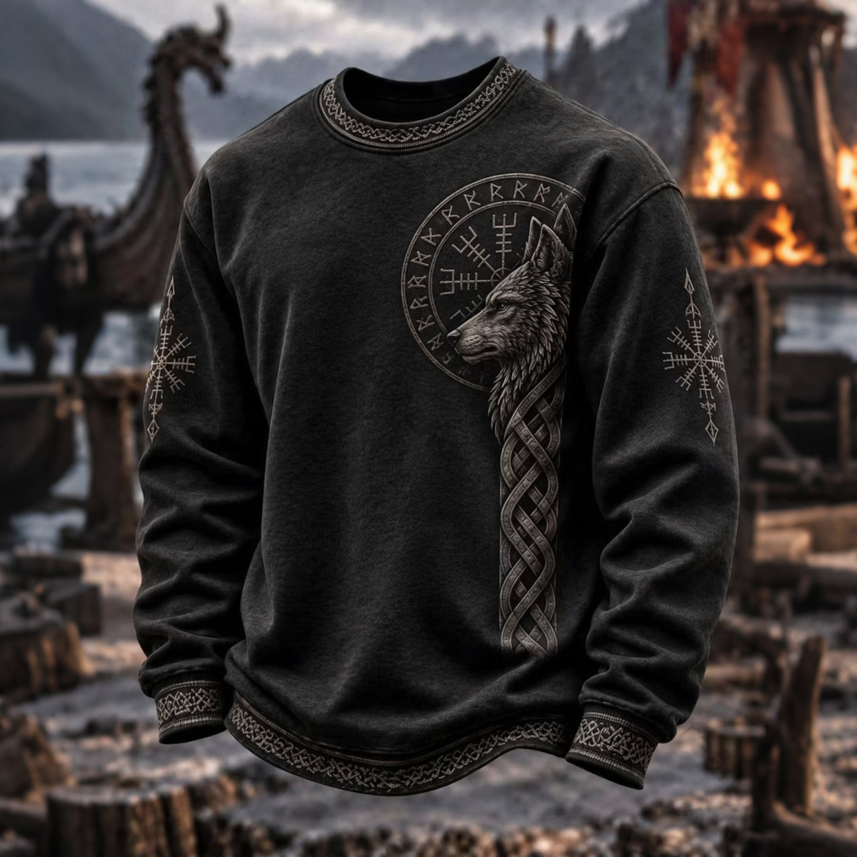 Men's Vacation Viking Wolf Celtic Knot Print Crew Neck Sweatshirt