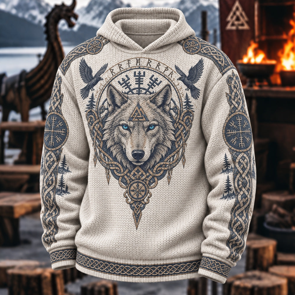 Men's Viking Tribal Wolf Celtic Printed  Knit Hooded Sweater