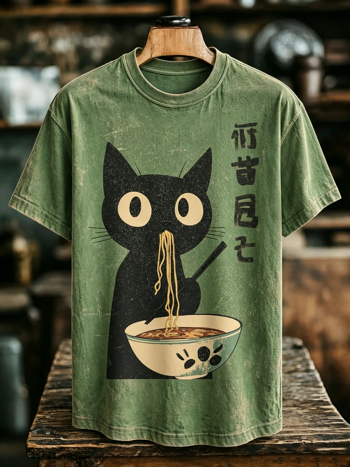 Men's Japanese Black Cat Eating Ramen Print Crew Neck T-shirt