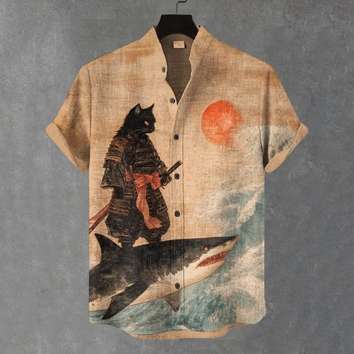 Men's Black Cat Warrior And Shark Art Print Casual Shirt