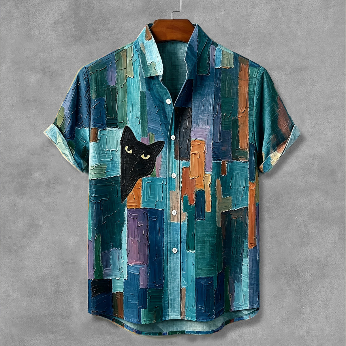 Men's Vintage Peeking Black Cat Contrast Oil Painting Art Casual Shirt