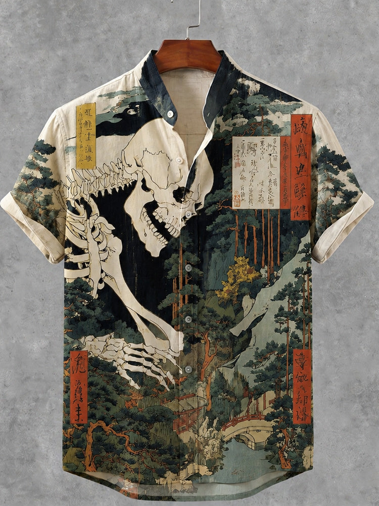 Men's Halloween Japanese Skull Art Print Short Sleeve Shirt