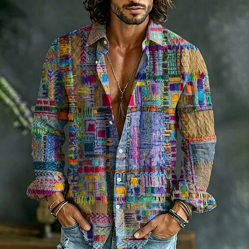 Vintage Colorful Geometric Patterns Casual Cotton Linen Shirt