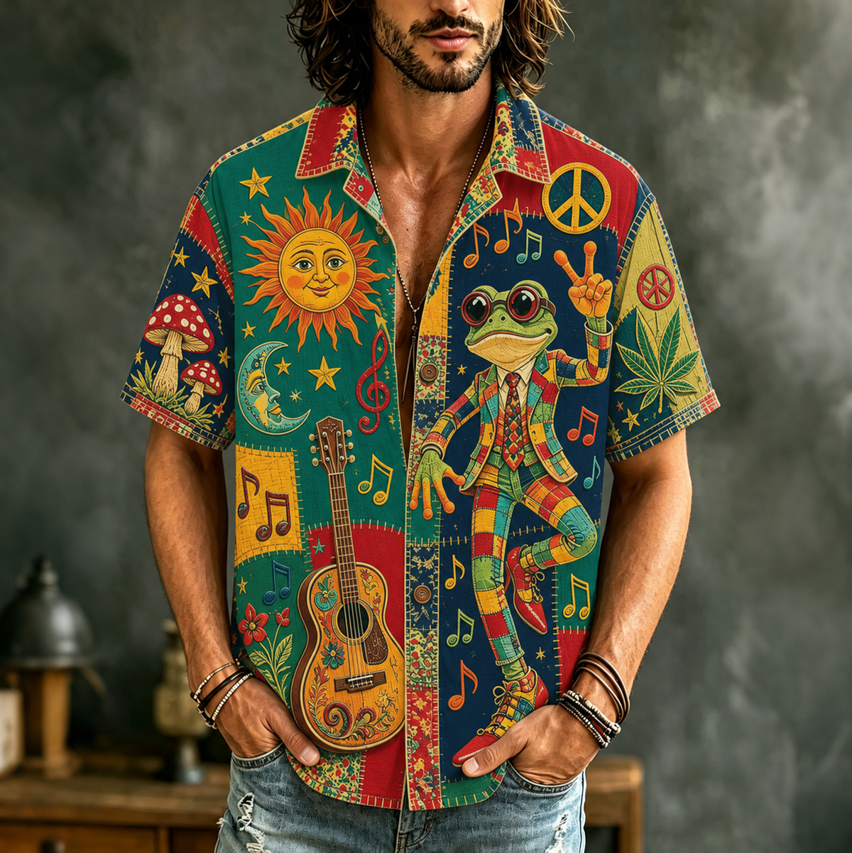 Men's Boho Frog Music Patchwork Psychedelic Peace & Sun Moon Art Print Casual Shirt