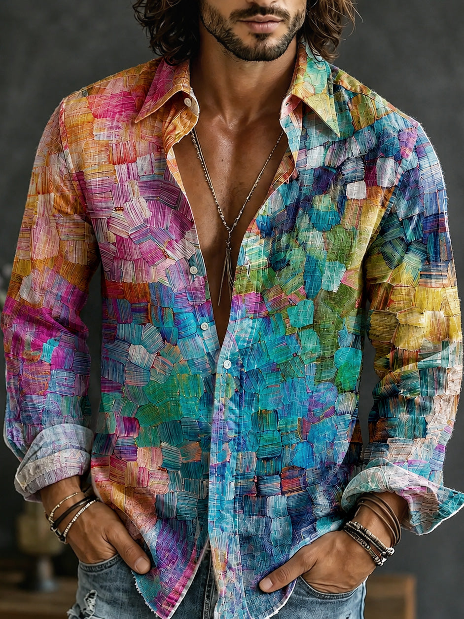 Men's Retro Oil Painting Style Lattice Gradient Art Print Linen Blend Long-sleeve Shirt