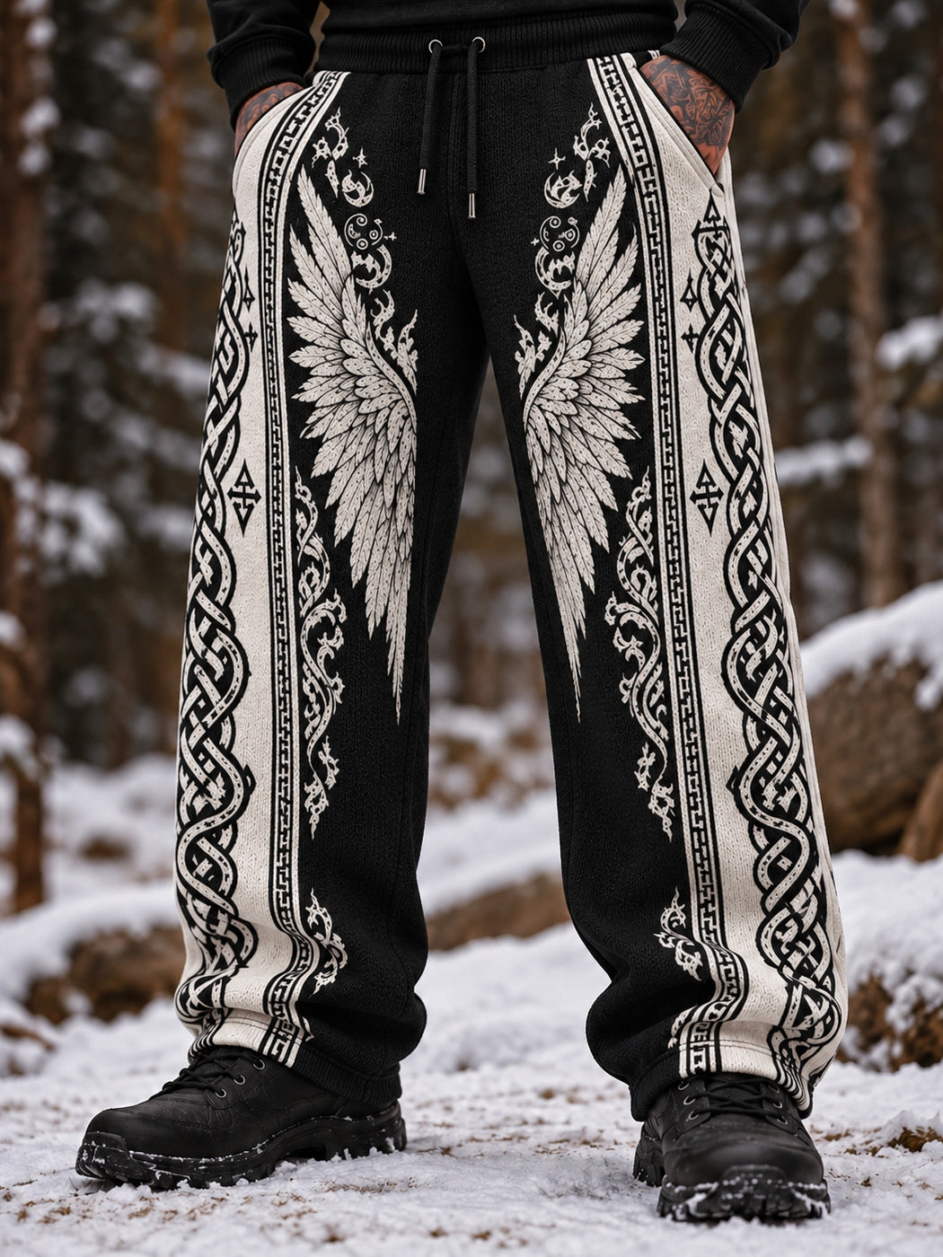 Men's Vintage Viking Wings Celtic Knot Cozy Warm Knitted Jacquard Casual Pants