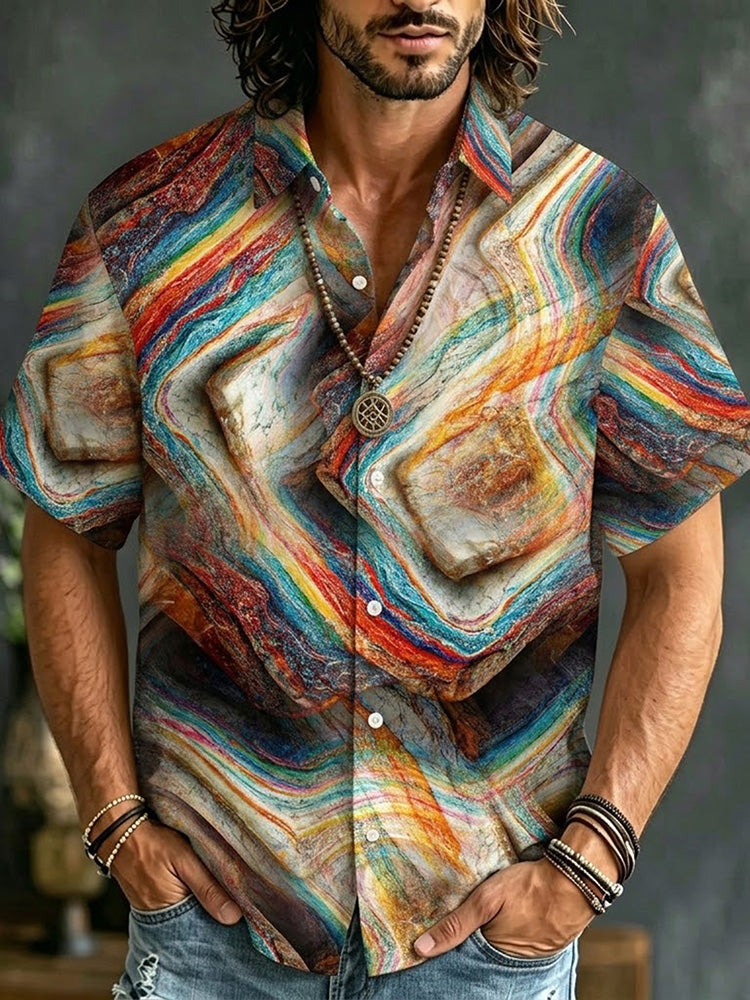 Men's Retro Hippie Colorful Marble Agate Swirl Print Short-sleeve Button-up Shirt