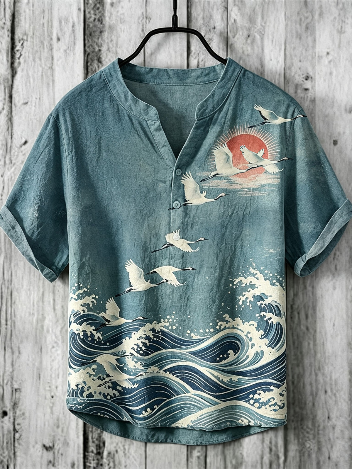 Men's Retro Japanese Art Ukiyo-e Crane And Wave Print Linen Top