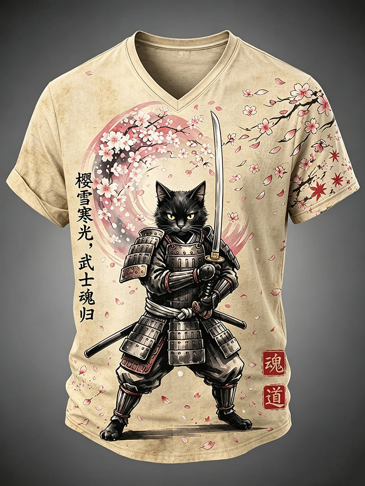 Men's Japanese Cherry Blossom And Black Cat Art Pattern Casual V-neck T-shirt