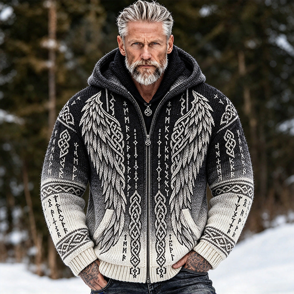 Men's Vintage Viking Style Wings And Celtic Knot Art Jacquard Hooded Cardigan Sweater