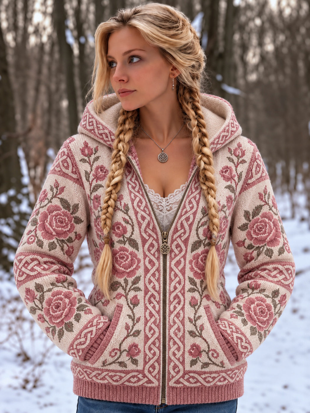 Women's Vintage Celtic Knot And Rose Knitted Hooded Cardigan