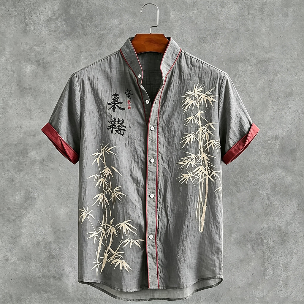 Men's Japanese Bamboo And Calligraphy Pattern Casual Linen Shirt