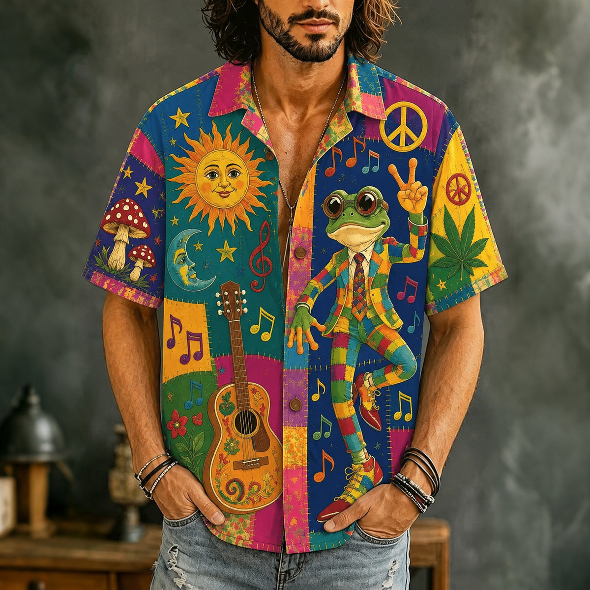 Men's Boho Frog Music Patchwork Psychedelic Peace & Sun Moon Art Print Casual Shirt