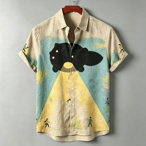 Linen Casual Retro Surreal Giant Black Cat Beam Pattern Art Print Summer Beach Resort Shirt