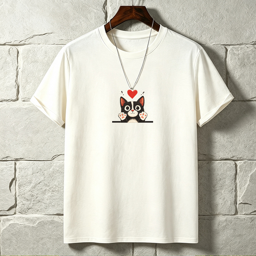 Men's  Black Cat Heart T-shirt - Simple Graphic Short Sleeve Crewneck Tee