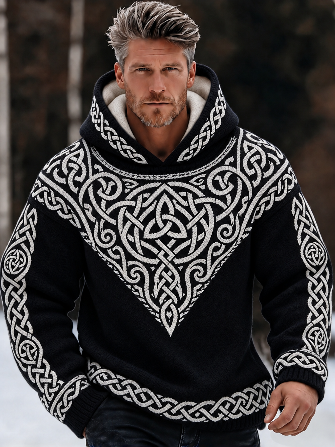 Men's Retro Viking Tribal Celtic Printed  Knit Hooded Sweater
