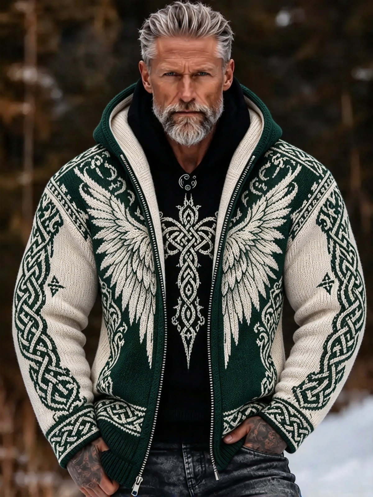 Men's Vintage Viking Wing Celtic Knot Cozy Warm Knitted Jacquard Zipper Hooded Sweater