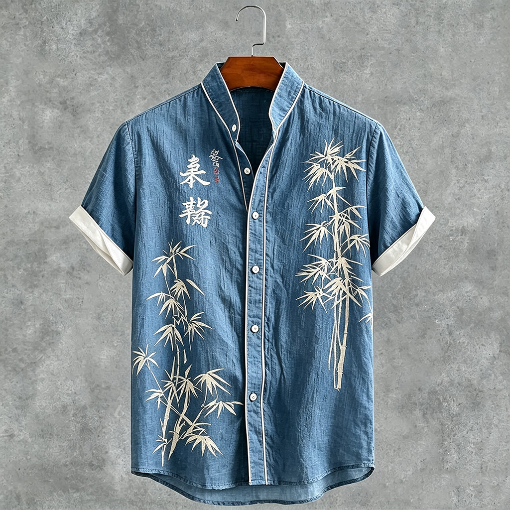 Men's Japanese Bamboo And Calligraphy Pattern Casual Linen Shirt